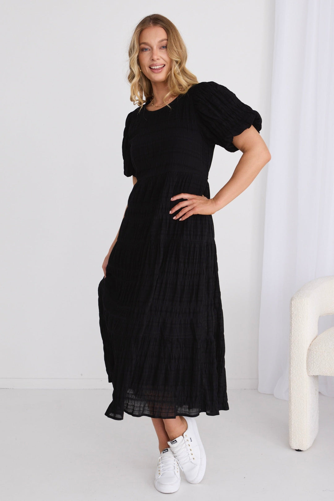 Graceful Black Shirred Cotton Bubble Sleeve Tiered Maxi Dress