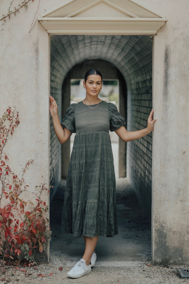 Graceful Khaki Shirred Cotton Bubble Sleeve Tiered Maxi Dress