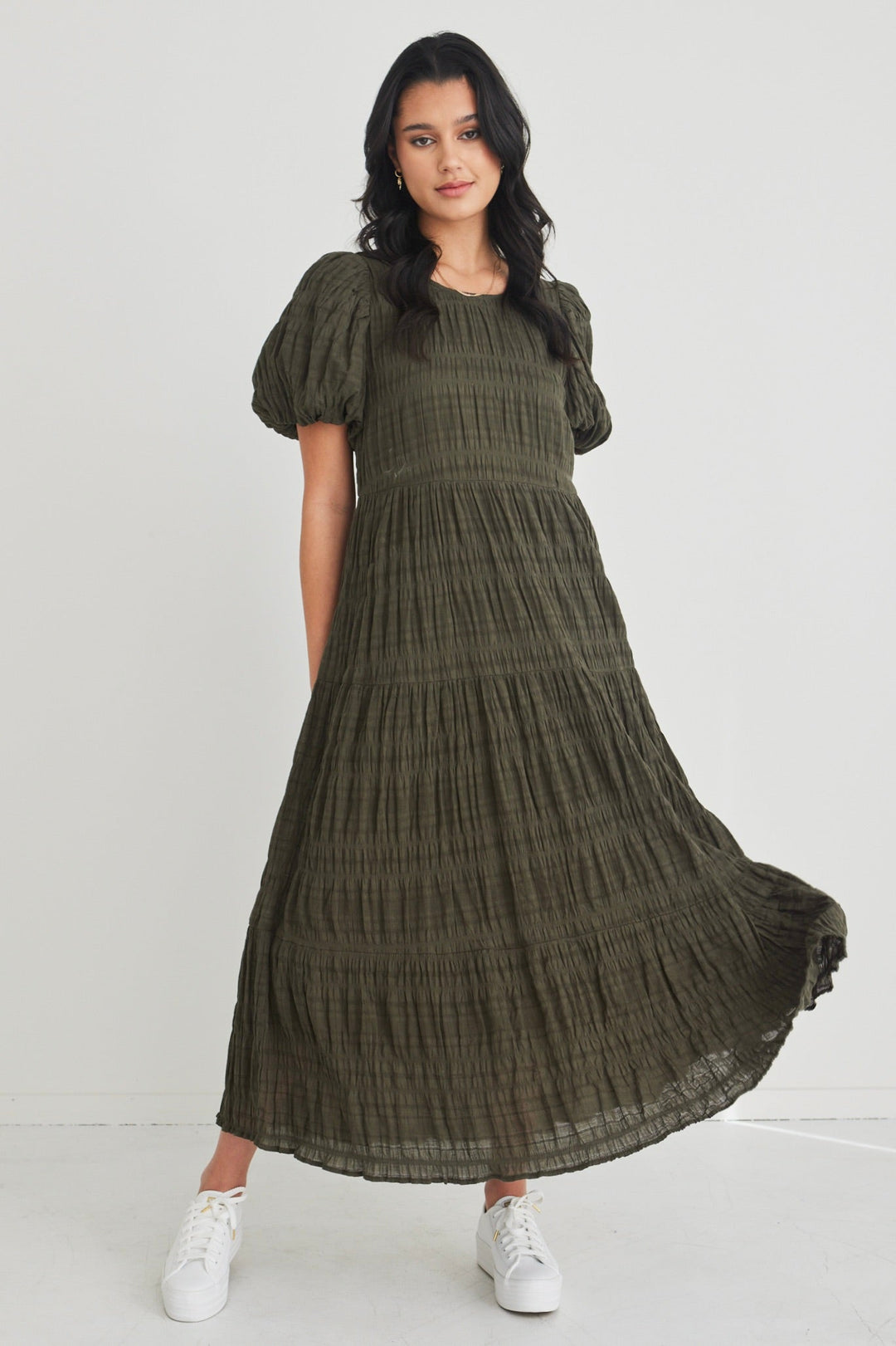 Graceful Khaki Shirred Cotton Bubble Sleeve Tiered Maxi Dress