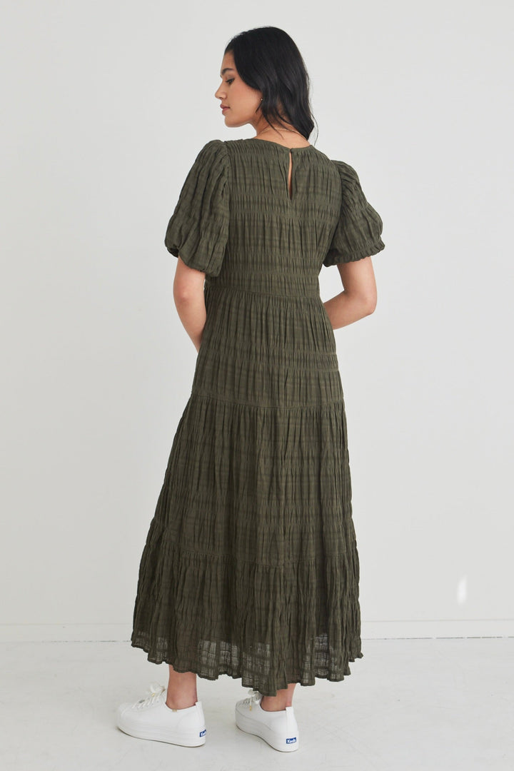 Graceful Khaki Shirred Cotton Bubble Sleeve Tiered Maxi Dress