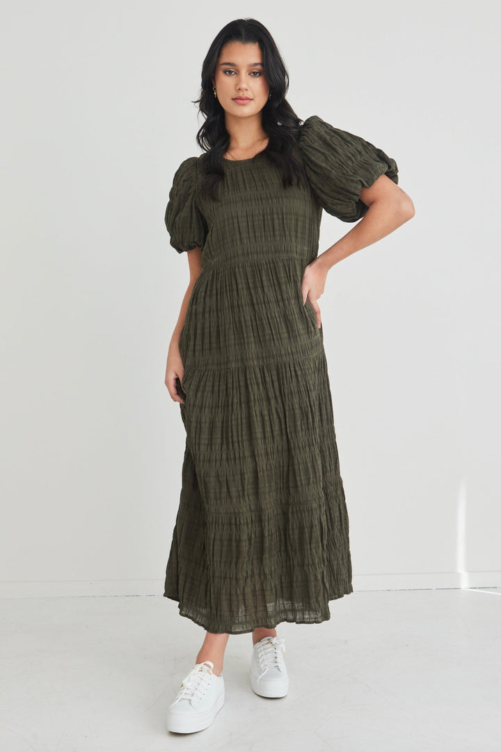 Graceful Khaki Shirred Cotton Bubble Sleeve Tiered Maxi Dress