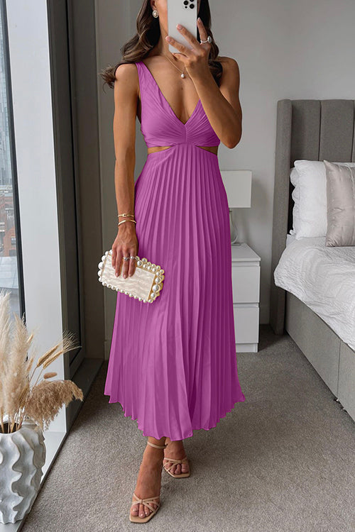 Sierra V Neck Cut Out Waist Sleeveless Pleated Maxi Dress