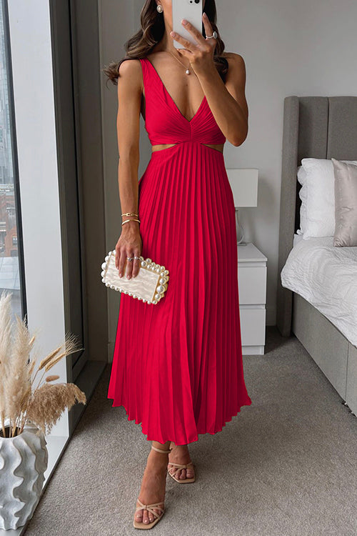 Sierra V Neck Cut Out Waist Sleeveless Pleated Maxi Dress