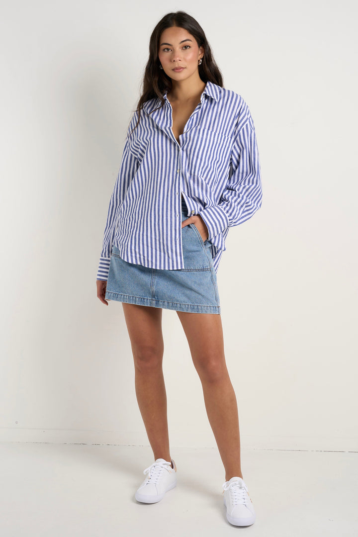 Sea Salt Blue Stripe Cotton Oversized Shirt