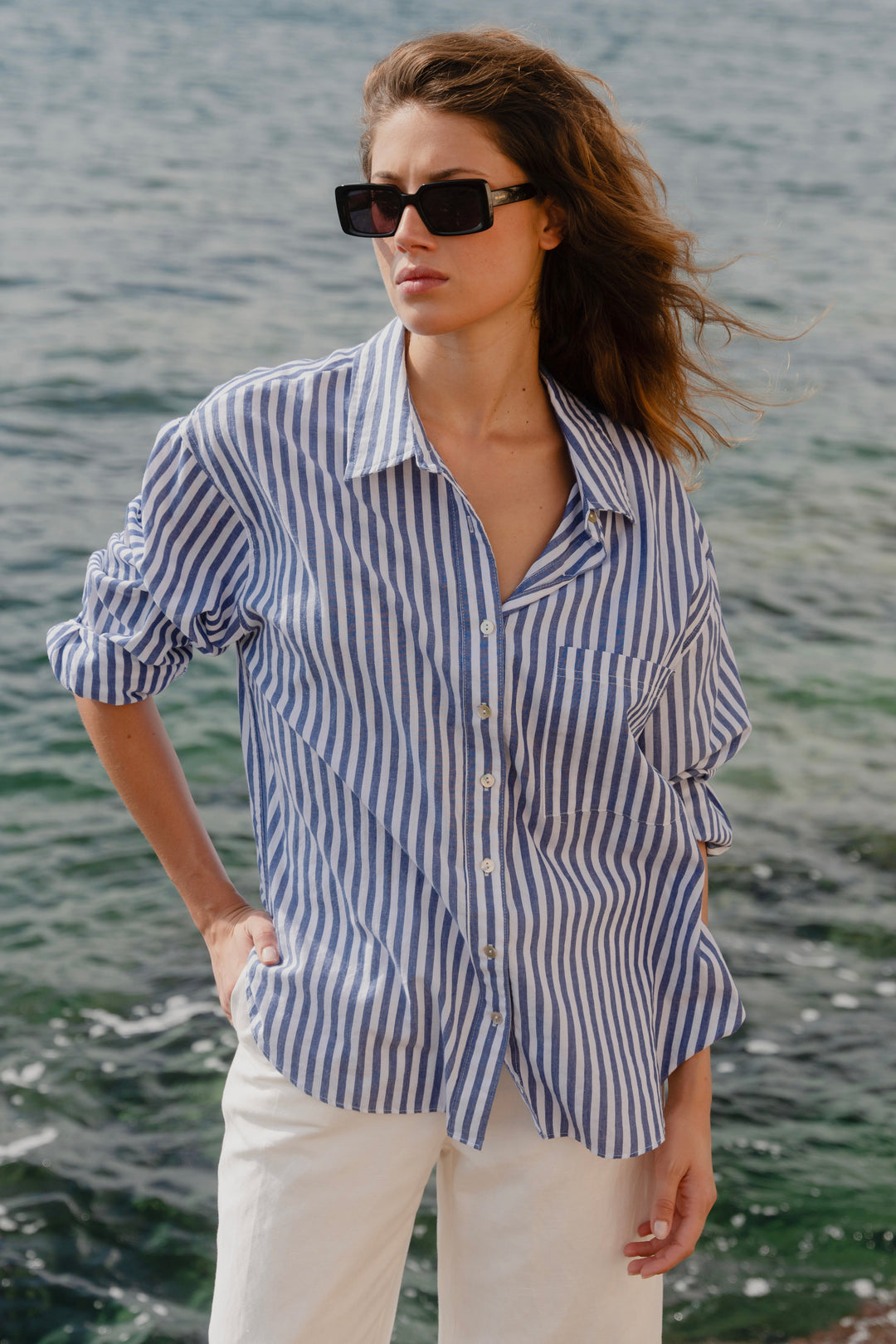 Sea Salt Blue Stripe Cotton Oversized Shirt