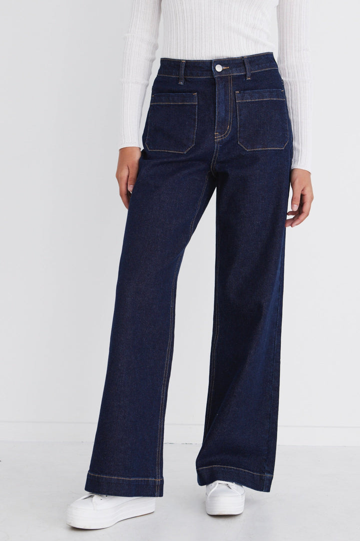 Indigo High Rise Wide Leg Pocket Jean