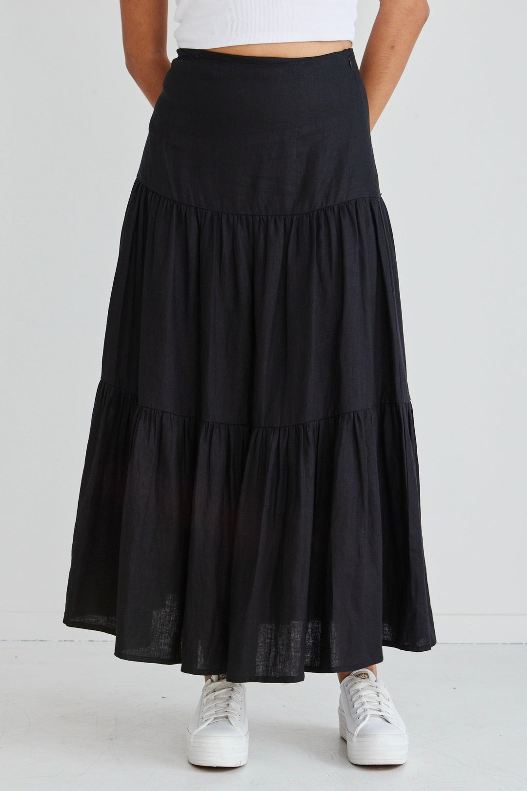 Blazing Black Tiered Linen Midi Skirt