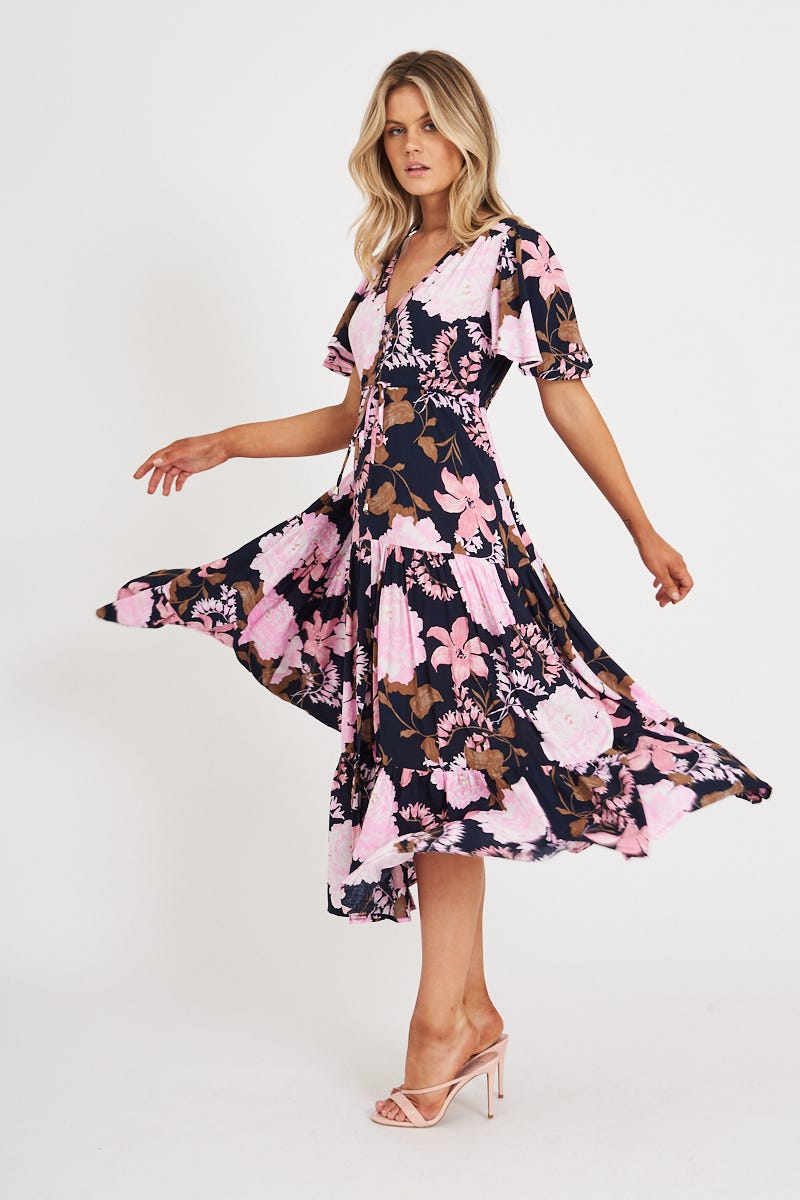 Violet Maxi Dress In Navy With Pink And Lilac Floral