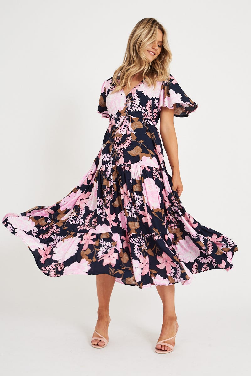 Violet Maxi Dress In Navy With Pink And Lilac Floral