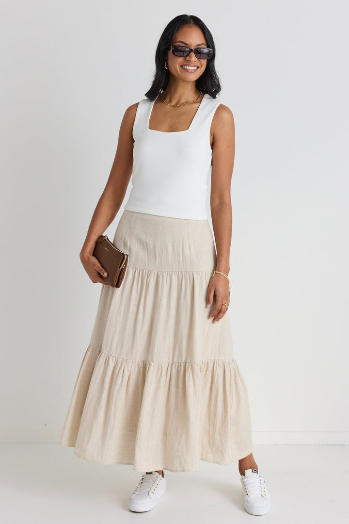 Blazing Sand Tiered Linen Midi Skirt