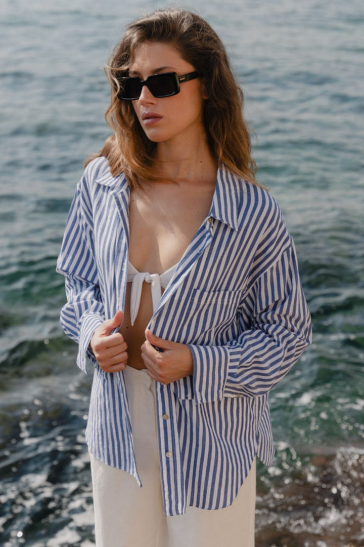 Sea Salt Blue Stripe Cotton Oversized Shirt