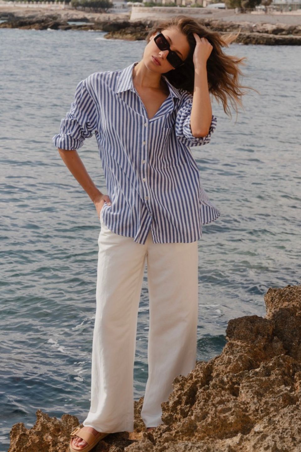 Sea Salt Blue Stripe Cotton Oversized Shirt